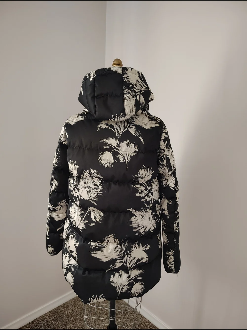 Herno Black Puffer Jacket with Cream Floral Print